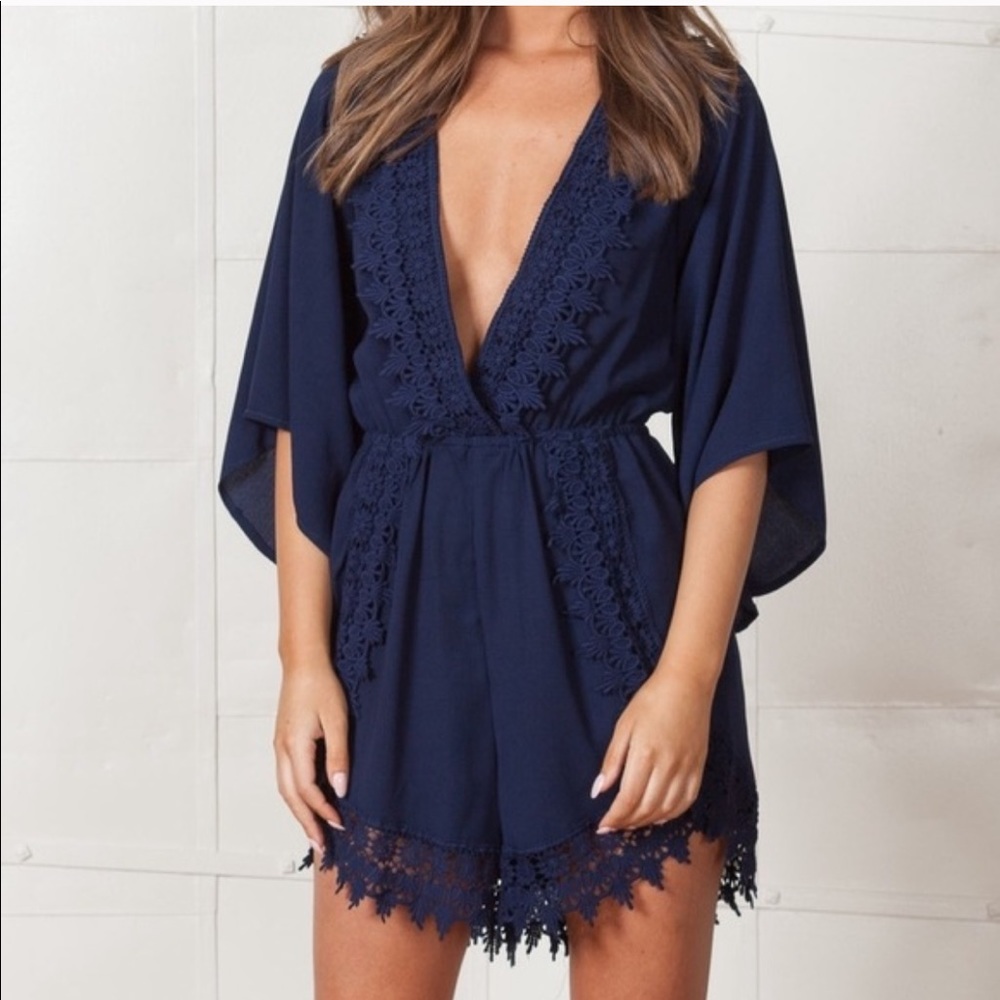 Wilde Heart Navy Blue Romper with Crochet Detail